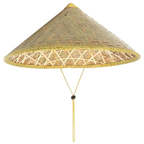 BEAHING Cappello di Riso Cappello di bambù Conico Orientale Cinese con Corda Regolabile da Pioggia turistico in Paglia da 14 Pollici per la Pesca contadina