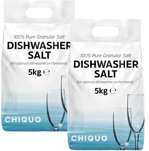 Chiquo Dishwasher Salt 5kg (Pack of 2) - 100% Pure Granular Salt - Powerful Limescale Protection for Dishwashers, Prevents Scale Build Up, Cleaner Shinier Dishes, Suitable for All Brands