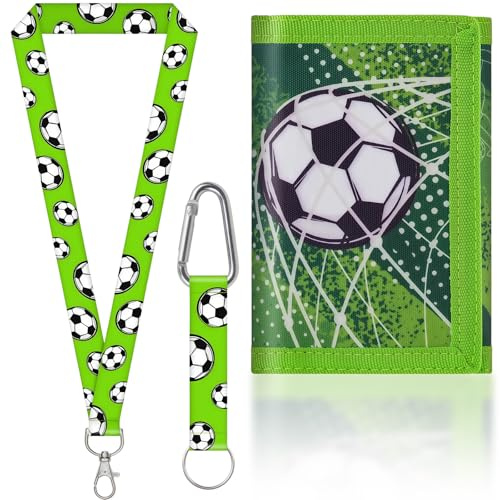 YEJAHY Monedero infantil con diseño de fútbol, bolsa para colgar en el pecho con mosquetón, monedero para niños y niñas para el colegio, monedero de triple pliegue, monedero con compartimento para