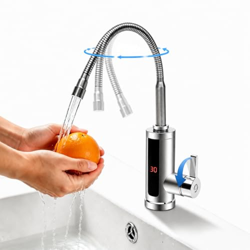 Wasserhahn mit Durchlauferhitzer, 3000W Edelstahl 304 Elektrischer Wasserhahn mit LED Display und 2xSchläuche, IPX4 Trockenlaufschutz und Auslaufschutz 360°Swivel Küchenarmatur mit Durchlauferhitzer
