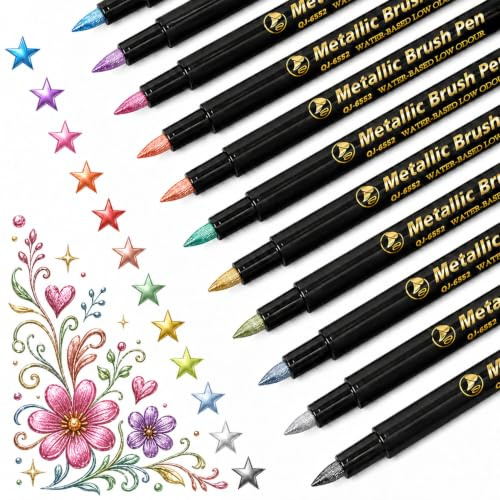 LEMONSTONE Set di 12 penne metallizzate, glitterate con punta flessibile per carta nera, per libro degli ospiti di matrimonio, accessori per scrapbooking, ideali per lettering a mano e forniture