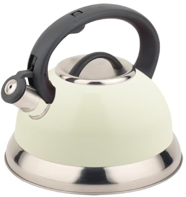Buckingham Stove Top Kettle Stainless Steel Induction Compatible Tea Pot with Heat-Resistant Handle Durable Fast Boil Gas Hob Retro Whistling Kettle 3 litres (Cream)