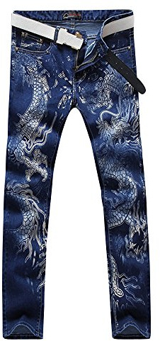 Hommes Rétro Printed Dragon Chinois Casual Denim Jeans Longue Pantalons (Non Compris Ceintures) Bleu 34