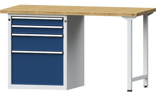 ANKE | Werkbank | Gestellbauweise Serie V | 4 Schubladen mit 2 x 90 | 1 x 180 | 1 x 360 mm | Buchemassivplatte