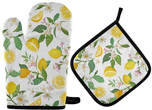 Lot de 2 gants de cuisine et maniques en feuille de citron jaune - Résistants à la chaleur - Pour cuisine, barbecue, décoration d'intérieur