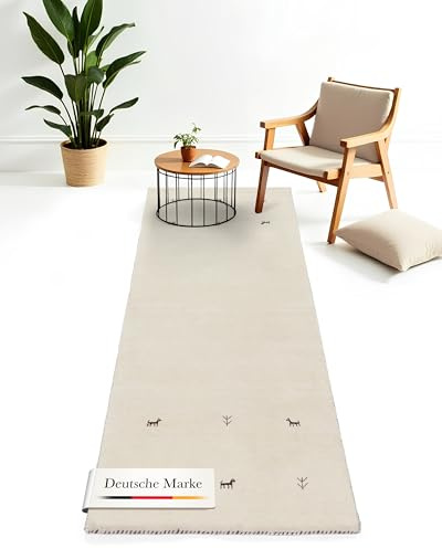 carpetfine Wollteppich Gabbeh Uni Läufer Weiß 60x180 cm | Moderner Teppich für Wohn- und Schlafzimmer