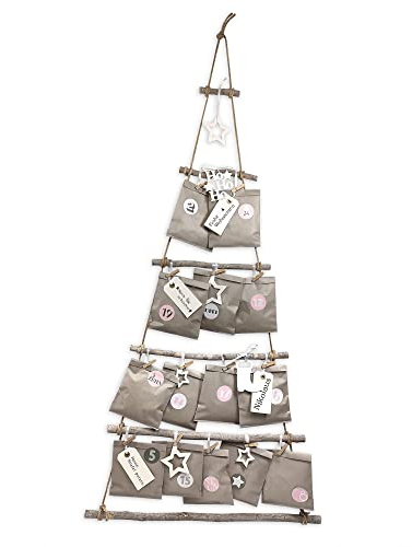 Frau WunderVoll® DIY Adventskalender Weihnachtsbaum grau Papiertüten, Ziffern rosa-grau, Höhe ca 110 cm/Holz Leiterbaum Adventskalender Weihnachten Advent Deko Tannenbaum Wanddekoration