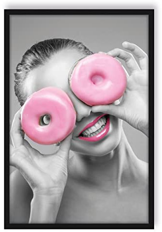 Divertente donna con occhi di ciambella rosa, poster in cornice, formato: 80 x 60 cm, stampa artistica incorniciata