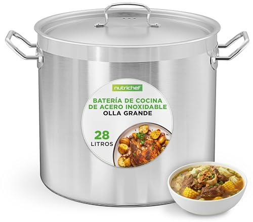 NutriChef Stainless Steel Stock Pot with Lid, 27 L Big Stockpots for Stew, Soup, Pasta, Meat- Induction Ready, Large Cooking Pot with Ergonomic Handles, Uncoloured