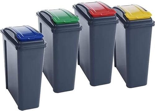 JMS we create smile Set of 4 x 25 Litre Slimline Plastic Recycle Bin with Flap Lid Kitchen Garden Waste Rubbish Bins Dustbin (Blue/Red/Green/Yellow)