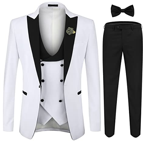 YOUTHUP Costume Smoking Homme 3 Pièces pour Mariage Business Fête Confort Elégant Blazer et Pantalon Gilet Noeud Papillon Blanc S