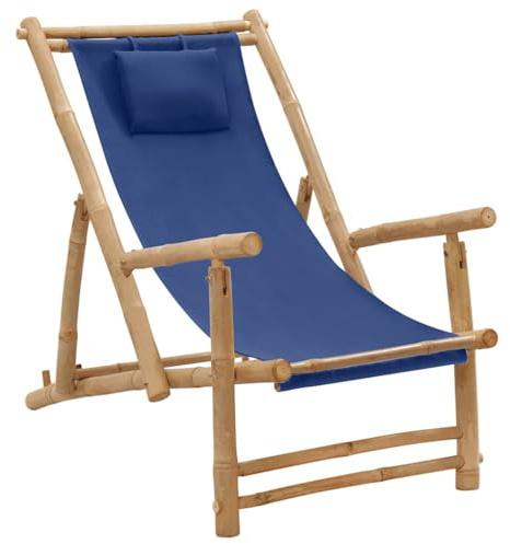 vidaXL Liegestuhl Verstellbar Campingstuhl Strandstuhl Klappstuhl Gartenstuhl Terrassenstuhl Balkonstuhl Gartenliege Stuhl Bambus Canvas Marineblau