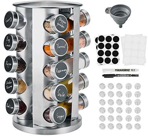 Miorkly Rotating Spice Rack Organiser with 20 Spice Jars, Thick and Strong Spice Racks Free Standing Carousel Spice Storage Can Rotated 360°, 20 Glass Spice Jars for Cooking Revolving Spice Rack