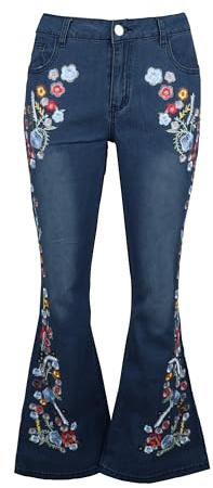 Women's Embroidered Bell Bottom Jeans Stretch Butt Lifting Vintage Washed Jeans Wide Leg Denim Pants, 1 Dark Blue, M
