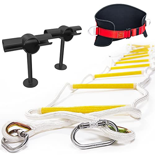 Scala di sicurezza 10 m ignifuga - Soluzione innovativa Scala con stabilizzatori distanziatori, cavo di sicurezza e cintura - Riutilizzabile - Capacità di peso fino a 900 kg - Portatile & Antiscivolo