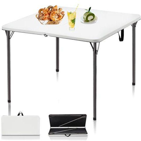 Kasunpul 34 Folding Table, Portable Square Folding Card Table with Collapsible Legs & Carrying Handle, Plastic Tables for Camping,Picnic, Office, Party, White
