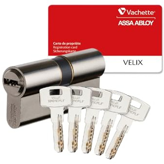 Vachette Cylindre VELIX 45x50 Double Entrée - Finition Nickelée - Résistance Bumping, Perçage et Crochetage - 5 Clés Réversibles, Carte de Propriété et Brevet Exclusif jusqu'en 2036 - Garantie 2 Ans