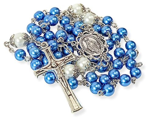 Nazareth Store Perlen-Rosenkranz, weiße Vaterunser-Perlen-Halskette, Lourdes-Medaille und Kreuz, Kruzifix, spirituelle Hingabe (Blau)