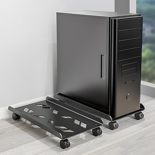 Heavy Duty Metal CPU Stand with 4 Caster Wheels - 40x20cm Mobile Computer Tower for Home Office - Black