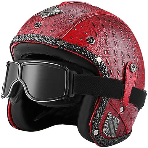 Motorradhelm Retro Jethelm Lederhelm Unisex Vintage Open Face Leder-Helm Brain-Cap Motorrad Roller Helm mit Brille Maske, ECE Zugelassener Mofa-Helm Vespa-Helm Für Männer Und Frauen