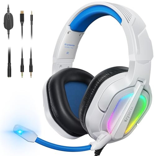 Krysenix PG2 Casque Gaming pour PS4, PS5, PC, Xbox One, Switch, Casque avec Microphone stéréo AI, Casque Gamer avec Prise 3.5mm et lumière RVB, Blanc/Bleu