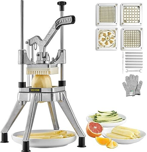 VEVOR Picadora Manual Profesional de Patatas Fritas Cortador Multifunción de Verduras 4 Cuchillas de Acero Inoxidable Cortador de 6 Cuartos Rodajas de Patata Palitos de Fruta para Cocinas Restaurantes