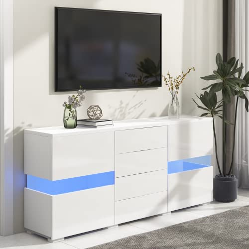 SogesHome Sideboard Hochglanz Kommoden & Sideboards Weiß Sideboard Lagerungsschrank Schrank Einheit mit 16 Farben LED-Leuchten für Esszimmer Wohnzimmer, 140 x 35 x 72 cm