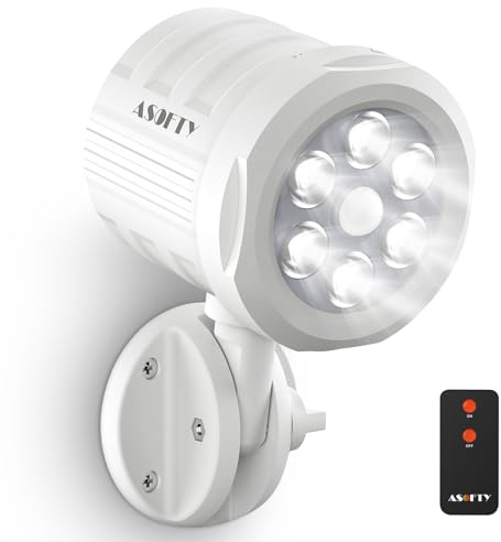 ASOFTY Bewegungsmelder Aussen Batterie Strahler mit Fernbedienung, 6 LED Drahtlose Batteriebetrieben 1000LM Spot Lampen, IP65 Wasserdicht Sicherheit Lamp Garten Garage Innen Außen