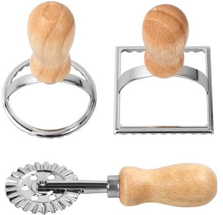 Shengxi 3 Piezas Cortadores de Raviolis, Cuadrado y Redondo Moldeador de Ravioles con Mango de Madera y Borde Canalado, Cortapastas para Hacer Raviolis Pasta Empanadillas o Galletas