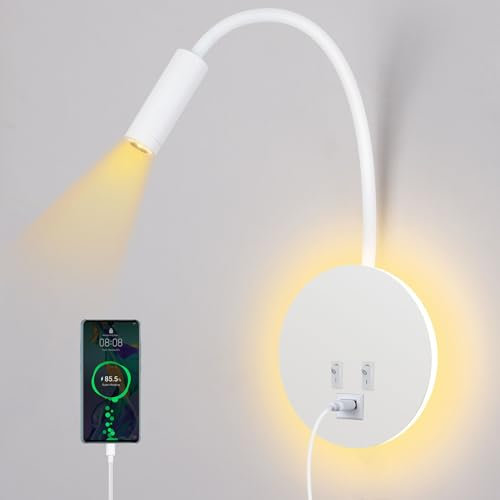 ERWEY 3W+8W Lampes de Lecture Murales, Applique Liseuse Lampe Col De Cygne Liseuse Murale Lampe De Table Avec Interrupteur et chargement USB 3000K Blanc