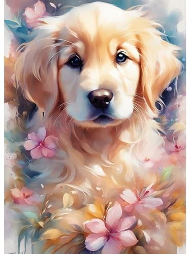QENSPE 5D Diamond Painting Hund Diamant Painting Bilder DIY Full Rund Diamond Art Set Erwachsene, Hund Blume Diamant Kunst Malerei Stickerei Set Kreuzstich Bilder Home Wand Dekor 30x40cm