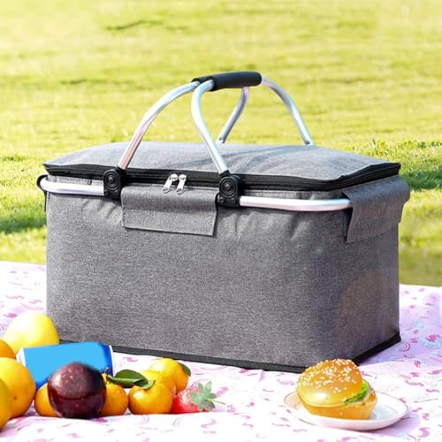 Isolierter faltbarer Picknickkorb, Oxford-Stoff + Aluminiumlegierung, einfach zu transportieren und aufzubewahren, für Outdoor-Camping, Picknicks und Einkaufen (grau)