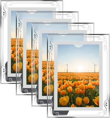 JMIATRY 7x5 Photo Frames Set of 4, Silver Mirrored Glass Picture Frame, Glass Photo Frames for Desktop Display and Home Decoration