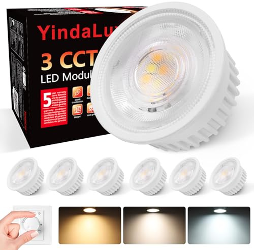 YindaLux 6er Set 3CCT LED Modul 230V, 4.9W 500LM Ø50*23mm für Aufbauspot | Ultra Flach, 3000K/4000K/6000K Dimmbar, Ersetzt GU10 MR16 Leuchtmittel, IP44 Wasserdicht für Einbaustrahler