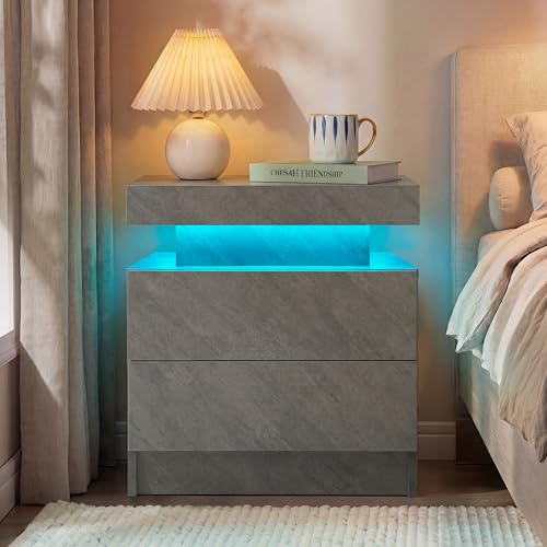 Cubehom Nachttisch, Grau, LED-Beleuchtung, 2 Schubladen | Nachtschrank & Beistelltisch mit 16 RGB-Farben, App- & Fernbedienung, 49 × 35 × 52 cm