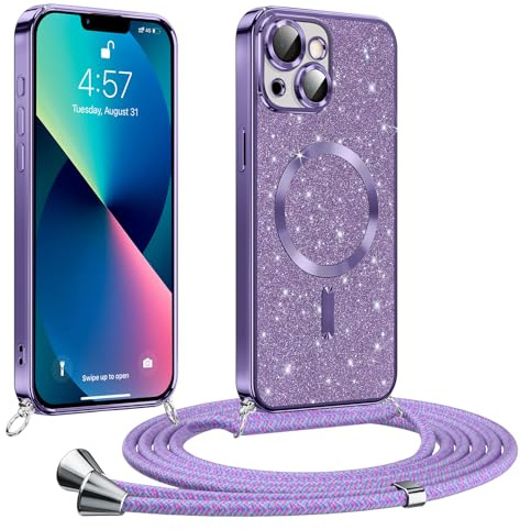 Phoona handyband Hülle für iPhone 13 mit Band, Glitzer Handyhülle Kompatibel mit MagSafe, Ganzkörperschutz Kratzfeste Stossfest Schutzhülle mit Einstellbar Kette, Lila