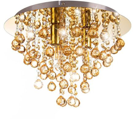 Kristall Deckenleuchte gold Kristall Deckenlampe gold Kronenleuchter Deckenlampe Schlafzimmer, Metall poliert, Glas, 3x E14, DxH 38x26 cm