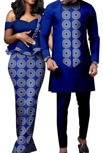Ilhpvzc Tenues Pour Couples Africains Robe Fourreau Asymétrique Ankara Pour Femme Avec Ensemble Chemise Et Pantalon Dashiki Pour Homme(Style2,Women-Medium)