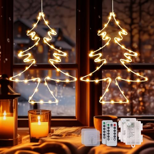 100 LED Weihnachtsdeko Fenster, 8 Modi Weihnachtsbaum Weihnachtsbeleuchtung mit Fernbedienung & Timer, Batterie Fensterbeleuchtung Weihnachten mit 2 Klebehaken für Innen Fenster Wand(2 Stück)