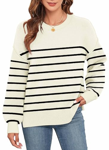 Neineiwu Pullover Damen Elegant Winter Rollkragenpullover Strickpullover Grobstrickpullover Casual Lose Langarm Pulli Oberteile,weiß gestreift,XXL