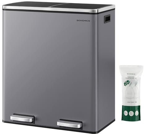 SONGMICS Mülleimer, 2 x 30 Liter, 2 Fächer, Mülltrennsystem, Treteimer, Abfalleimer Küche, 15 Müllsäcke, Metall, Inneneimer aus Kunststoff, Klappdeckel, Softclose, luftdicht, schiefergrau LTB060G01