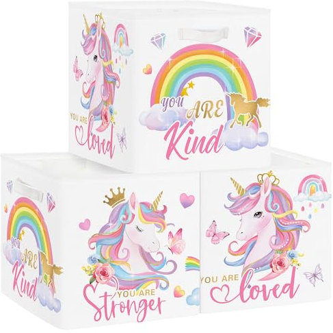 Clastyle Set di 3 Scatole Portaoggetti Unicorno Rosa Cubo di Stoccaggio per Armadio Vestiti Cesto Scaffali per Bambini Scrigno dei Giocattoli e Libri per Scuola Materna, Diamante, 30x30x30 cm