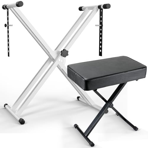 Keyboard Ständer und Klavierhocker Höhenverstellbar, Keyboardständer mit Keyboard Hocker Klappbar,Doppel X-Frame,Höhe Verstellbar, Dickes Kissen, Klavierständer mit Hocker Tragfähigkeit 100KG,Weiß
