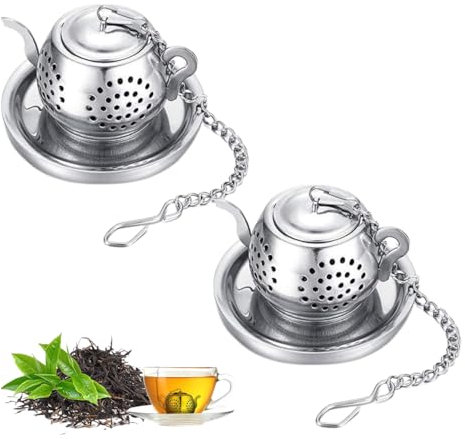 2 coladores de té para té suelto, colador de té de acero inoxidable para taza, infusor de té para disolver té, colador de té con cadena extendida, caja fuerte, adecuado para la mayoría de tazas de té