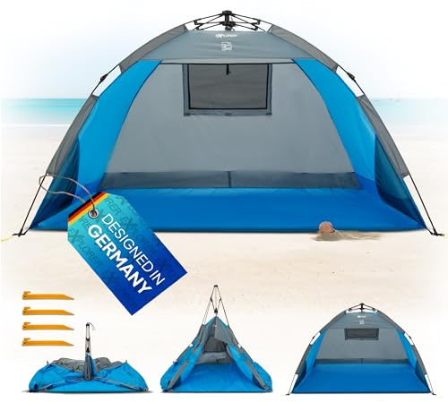 EXPLORER Automatik Strandmuschel mit UV Schutz 80+ [190x100x110cm] kleines Packmaß leicht und schnell in Sekunden aufgebautes Strandzelt Sonnenschutz Muschel automatisch Windschutz blau