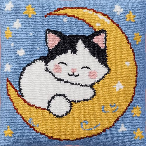 ASONGLINGO Kit de Crochet de Verrouillage Coussin Kit de Broderie 43X43cm Crochet à la Main Kits Artisanat pour Adultes Broderie Décoration d'oreiller de Canapé(Lune et chat)