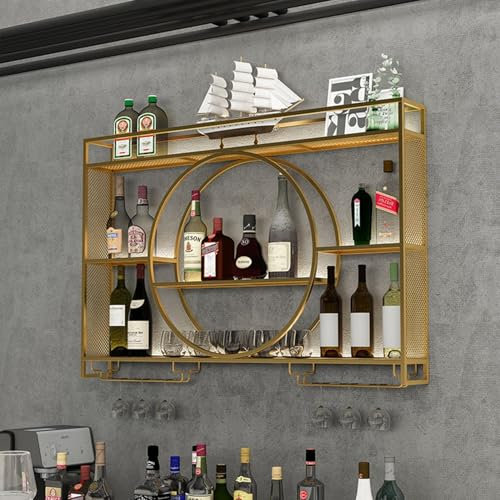 BMWJYLPM Weinregal aus Metall zur Wandmontage mit Lichtleistenregalen, Ausstellungsständer, Weinhalter für die Dekoration von Küchenbars zu Hause (Gold, 31,5 x 5,9 x 23,6 Zoll)