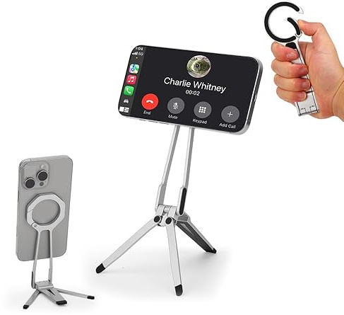 Gugxiom Magnetiskt telefonstativ för 12/13/14/15/16, vikbart bärbart telefonstativ för skrivbordet, fickresestativ, selfie-stick handtag (silver)