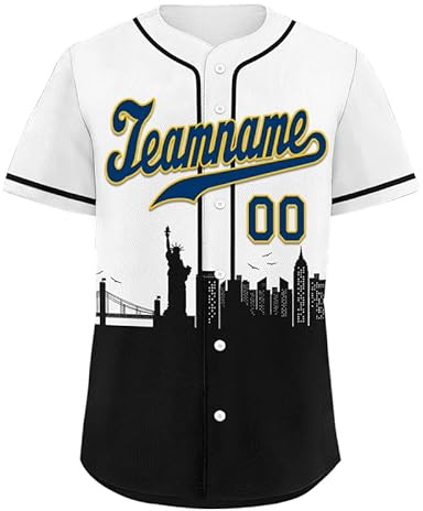 Camiseta de béisbol personalizada, nombre y número personalizados, paisaje urbano y diseño gráfico de salpicaduras, camisa unisex con botones para hombres y mujeres, blanco y negro, L