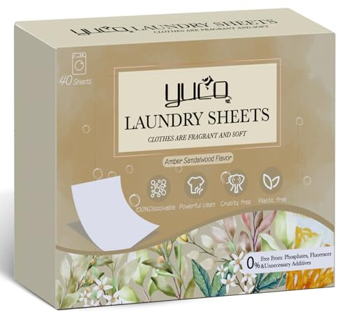 YUCO Laundry Detergent Sheets 80 Loads, Eco Travel Laundry Detergent Liquidless Detergent Soap Sheet, Dissolvable in in Sink and Washer, Plastic Free Packaging, Amber Sandalwood (1 Pack, 150g)